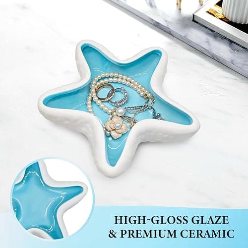 Starfish Jewelry Dish Ceramic Trinket Tray - Ocean Themed Ring Holder for Earrings, Necklaces, Beach & Bathroom Organizer with Glossy Glaze, Coastal Room Decor Gift for Women thumbnail 6