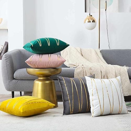 WACOMECO Soft Throw Pillow Covers - Pack of 2 Velvet Decorative Cushion Covers Cases for Sofa Bedroom Livingroom Car, 18" x 18", White and Gold thumbnail 2