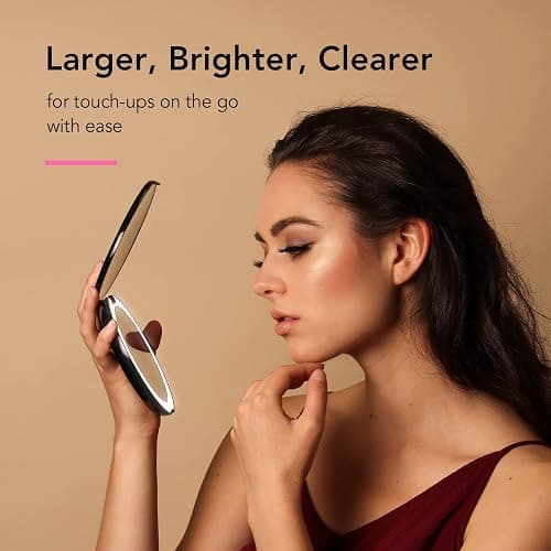 Fancii Taylor LED Lighted Travel Makeup Mirror, Rechargeable with 10x/1x Magnifying & 3 Light Settings - Compact, Portable, Large 5” Wide Hand Mirror for Handbag and Purses (Black) thumbnail 3