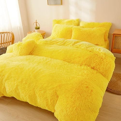 FOPPA Fluffy Yellow comforters Cover Twin Size - Ultra Soft Plush Bedding Sets 2 Pieces (1 Faux Fur Comforter Cover + 1 Fuzzy Pillow case) Girls Shaggy Bed Set (Yellow,Twin) thumbnail 3
