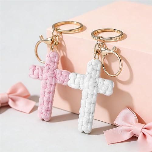 Set of 2: pink and white. Hand-woven cross keychain, soft to the touch, carrying the name of Jesus—Christian car charm and Bohemian ornament in one, a handmade gift for her and for him. thumbnail 2