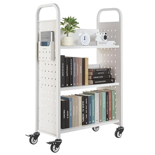 VEVOR Rolling Library Book Cart, 330 lbs Capacity, 30.3 x 15 x 48.0-Inch Library Cart, Single Sided L-Shaped Shelves with 3-Inch Lockable Wheels, Book Truck for Home Shelves Office and School, White - Image 1