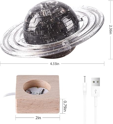 3D Crystal Puzzle, 3D Saturn Puzzle DIY Assembly Brain Teaser with Light-Up Wood Base, Plastic Crystal Fun Model Toy Gift Decoration for Adults Age 14 and Up, 40 Pieces, Grey thumbnail 3