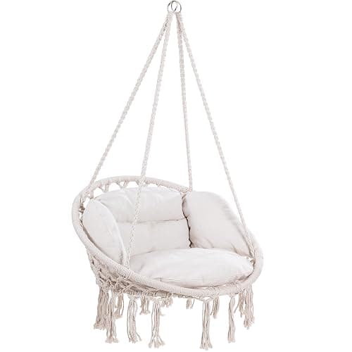 DETEX® Boho Style Hanging Circular Chair | 60cm Diameter Round Seat 150kg Capacity with 2 Cushions | Weatherproof 360° Swing Seat Galvanised Steel Cotton Indoor Outdoor | Cream thumbnail 2