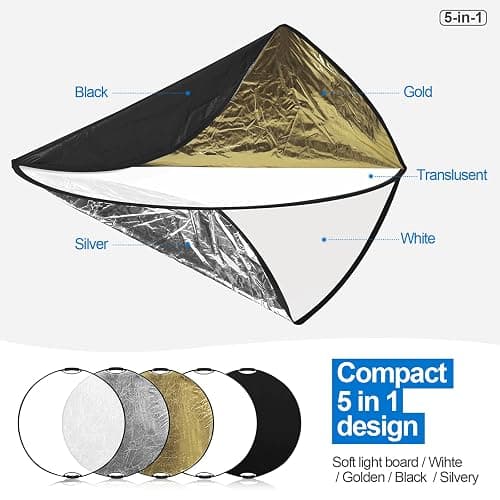 WELLMAKING 32 Inch (80cm) Reflector Photography, Collapsible Light Reflector with Bag & tilt Adapter, 5 in 1 Handle Reflector for Studio & Outdoor Lighting -Translucent, Silver, Gold, White and Black thumbnail 5