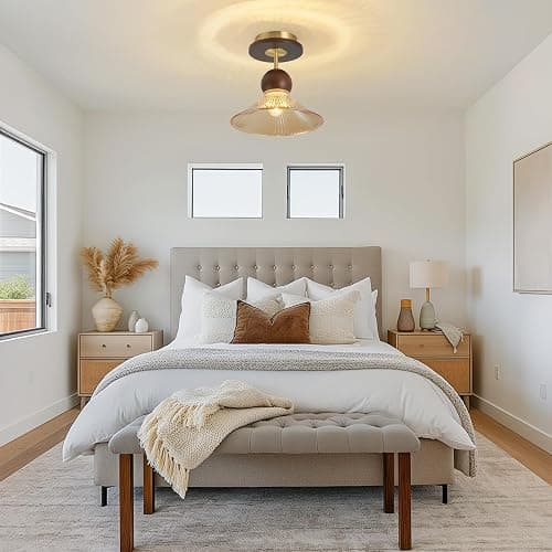 Brown Glass Wood Brass Semi Flush Mount Ceiling Light Vintage Hallway Light Fixture, Mid Century Modern Farmhouse Ceiling Mount Lamp Light Fixture for Bedroom Kitchen Entryway Laundry Room Porch Foyer thumbnail 2