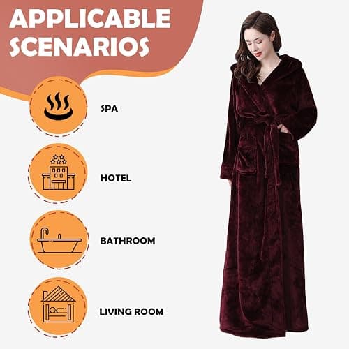 Oksun Womens Long Fleece Robe: Floor Length Flannel Hooded Bathrobe, Plush Warm Winter Housecoat, Fluffy Soft Cozy Nightgown thumbnail 2