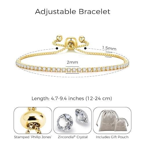 Philip Jones 18k Gold Plated 2mm Adjustable Tennis Bracelet Created with Zircondia® Crystals thumbnail 3