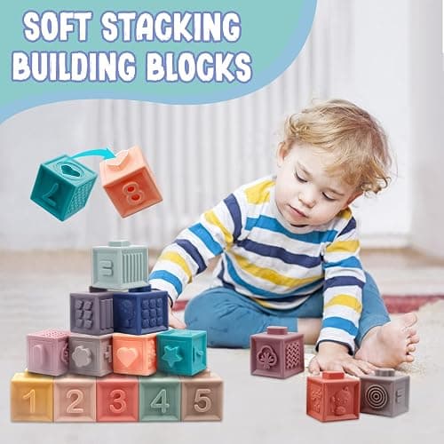 Plunack Baby Toys 6-12 Months Montessori Sensory Toys for Toddlers 3 in 1 Stacking Building Blocks Soft Infant Teething Toys Educational Learning Toys for Babies 3-6-9-12 Months Boys Girls | Food-grade Silicone, Stacking & Nesting Play, Embossed Letters, Numbers, Animals & Shapes, Washable, BPA-free, Teething Safe thumbnail 4