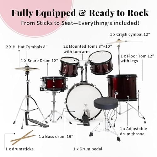StarQuest SQ-DS-JR5-MWR 5-Pieces Drum Set for Beginners, Complete Junior-Sized Drum Kit Metallic Red Wine W/ 16"Bass, Drumsticks, Snare, Cymbal, Hi-Hat, Toms & Adjustable Stool thumbnail 2