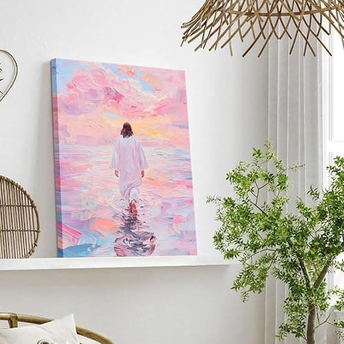 Jesus Canvas Wall Art Pink Jesus Walks on Water Painting Picture Wall Decor Religious Savior Wall Art Christian Bible Stories Poster print Artwork for Living Room Bedroom Church Decor 24x36in canvas thumbnail 8