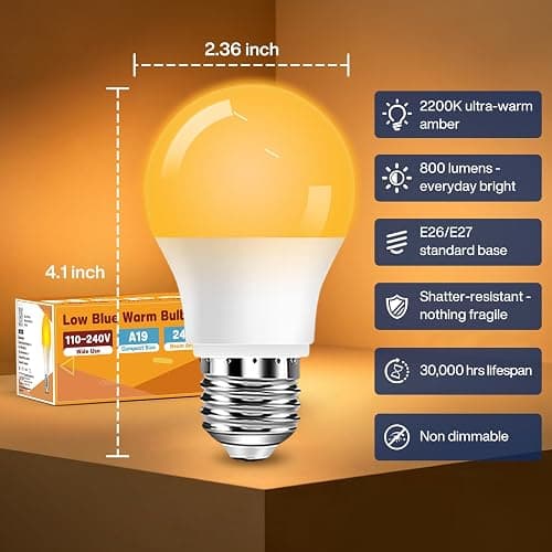 Neporal Warm Light Bulbs 2200K Amber Light Bulbs, 9W 60W Equivalent No Blue Bulbs for Sleep, Soft YellowA19 E26 Bulb, Flicker-Free Bedroom Nursery Bedside & Living Room Night Light, [4] Pack thumbnail 3