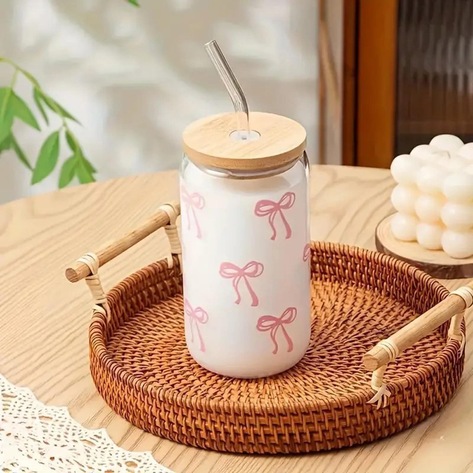 Pink Bow Tumbler with Straw and Lid Aesthetic Glass Cups Iced Coffee Cup Pink Cute Glass Cups 17oz Tumbler Smoothie, Gifts for Girls Women Friends, 520ml thumbnail 3