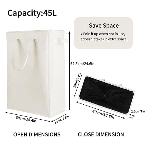 Odonata Slim Laundry Hamper Handles Collapsible Laundry Basket Thin Dirty Clothes Basket Narrow Laundry Bag Foldable Dirty Hamper 45L (Beige) - Beige thumbnail 3