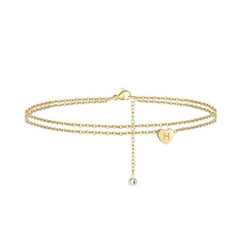 Turandoss Heart Initial Ankle Bracelets for Women, 14K Gold Filled Handmade Dainty Layered Anklet Letter Initial Heart Ankle Bracelets for Women Beach Jewelry Gifts - Image 1