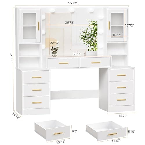 BEWISHOME Makeup Vanity Desk with Mirror and Lights,55.12" Large Vanity Table with Glass Top,White Makeup Desk with Power Outlet 8 Drawers,Dressing Table for Bedroom Women Girls Modern FST37W thumbnail 2