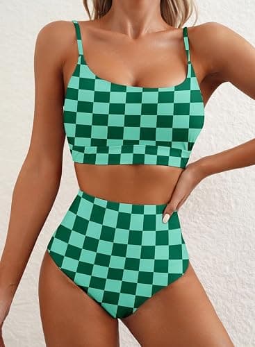 Herseas 2 Piece High Waisted Bikini Set for Women 2025 Spaghetti Straps Swim Top with Reversible Bottom Bathing Suit - Large - Green Checkerboard thumbnail 4