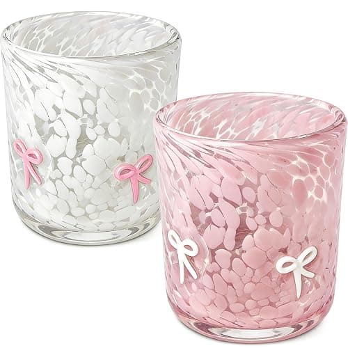 YinNorth 2 Pcs Bow Icon Juice Glass 14oz Coquette Pink White Bow Drinking Cocktails Glasses Cute Stemless Wine Glasses Handblown Old Fashioned Cups Best Gift for Her Mom Sister Friend Birthday Party - Image 1
