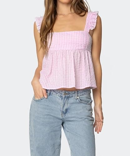 Women Teens Y2k Babydoll Tank Top Lace Trim V Neck Ruffle Flowy Crop Cami Top Summer Preppy Clothes Streetwear thumbnail 3