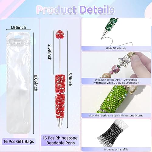 DASTTUIS 48 Pcs DIY Diamond Beadable Pen Kit - 16 Plastic Rhinestone Beaded Pens Bulk with Refills & Bags - Beaded Pen Kit for Students & Teachers – School Projects, Office Gifts (Multicolor) thumbnail 3