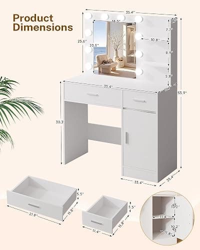 LIVELYGLOW White Makeup Vanity with 10 Hollywood Light Bulbs, 35.4" Wide Dressing Table with Large Mirror & Dimming Function, Small Space Vanity Desk with 2 Drawers, Storage Cabinet & Shelves thumbnail 2