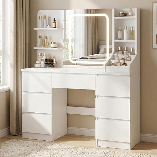 TRIUMPHKEY Dressing Table, Vanity Desk with LED Mirror,White | Vanity Table with 7 Drawers, 4 Shelves and 3 Open Compartments for Bedroom, 108x40x139cm - Image 1