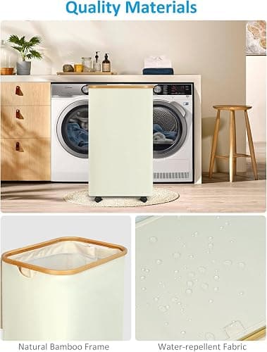 efluky Laundry Basket with Wheels, Tall Rolling Laundry Hamper with Lid and Removable Bag, Aesthetic Dirty Clothes Hamper on Wheels for Laundry Room, Bedroom, Dorm and Bathroom, 100L Beige - Beige - 100L thumbnail 7