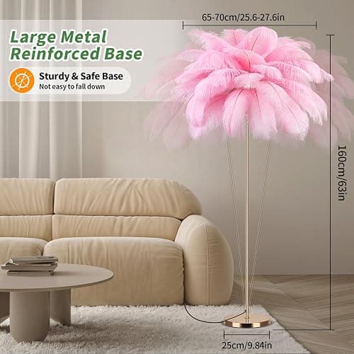 Fivemengo Feather Floor Lamp for Living Room, Fluffy Ostrich Feathers Lamp, Rose Gold Color Body, 3 Color Temperatures Modern Funky Arc Tall Standing Lamp for Bedroom Inclued Bright LED Bulbs (Pink) thumbnail 6