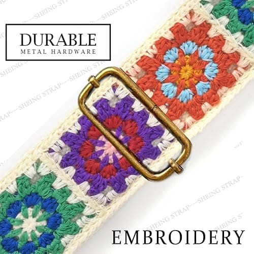 Guitar Strap, Crochet Flower Guitar Straps with Leather Ends for Acoustic, Bass, Electric Guitar,2 inch Wide -Crochet flower-white thumbnail 2