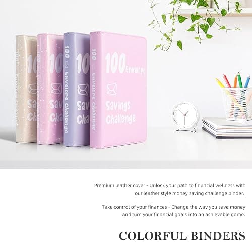 Ospelelf Money Saving Binder Savings Challenge Book with 100 Envelopes Zipper Closure Leather 52 Weeks Budget Planner to Save $10000 $5050 Gold-Flecked Off-White thumbnail 7