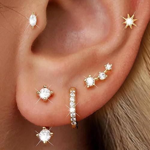 6 Pairs 14K Gold Plated Stud Earrings for Women, Hypoallergenic Cartilage Earrings for Multiple Piercing, Dainty Small Stackable Earrings Jewelry Set thumbnail 2