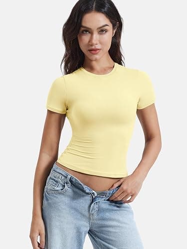 YEOREO Ease Women Fitted Workout Tops Short Sleeve Double Lined Basic Y2K Going Out Crew Neck Compression Crop Top thumbnail 6