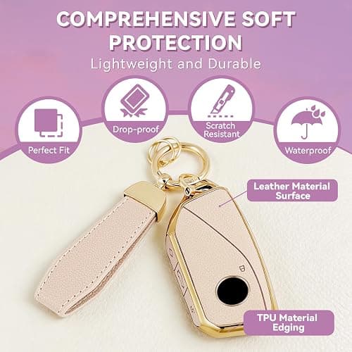 Amazauto Soft TPU & Leather Key Fob Cover, Compatible with BMW X1 X2 X3 X5 X6 X7 XM 2023~2026 etc, Car Key Protector with Keychain, Beige thumbnail 4