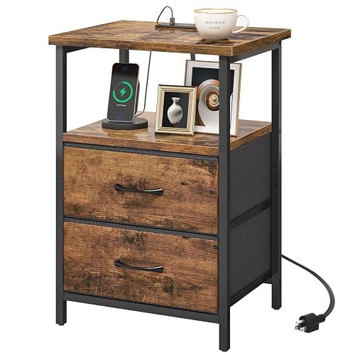 Fixwal Night Stand with Charging Station, 2 Fabric Drawers, Rustic Brown | built-in bedside charger, 2 AC outlets & 2 usb ports, 2 wooden shelves, end table with storage, bedroom, living room - Image 1