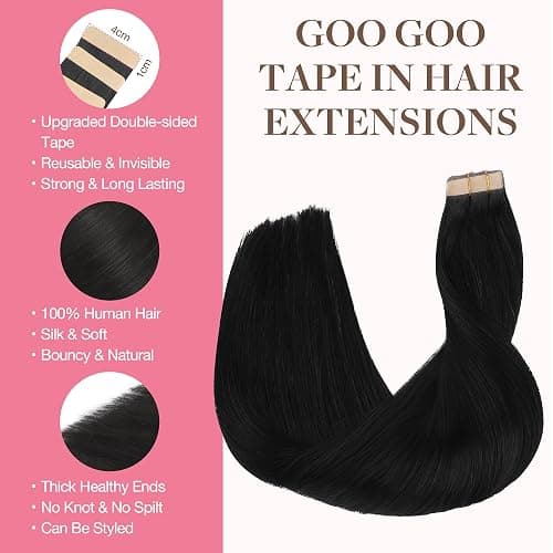 GOO GOO Tape in Hair Extensions Human Hair, 1 Jet black, 18inch 50g 20pcs, Skin Weft Seamless Invisible, Silky Straight with Thick Ends, Remy Human Hair thumbnail 2