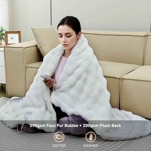 TiMiCalda Heated Blanket Electric Throw- 50"x60" Soft Thick Bubble Electric Blanket for Sofa with 5 Heat Levels & 4 Hours Auto-Off Overheat Protection, Warm Cozy Gifts, Cream thumbnail 2