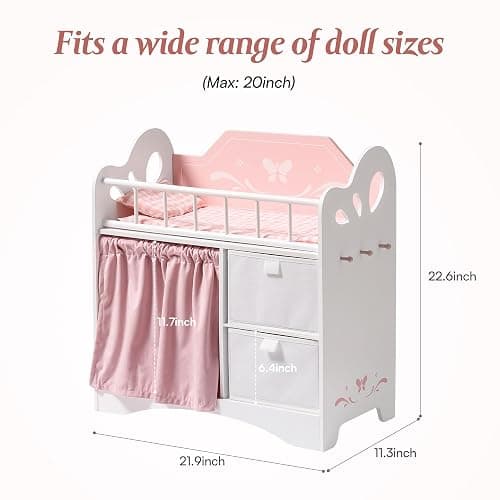 ROBOTIME Baby Doll Crib, Wooden Doll Bed, Toy Baby Crib with Storage, Bedding, and Wooden Hooks, Doll Crib Fits Dolls up to 21", Doll Furniture for American Girls Ages 3+ (Pink) thumbnail 3