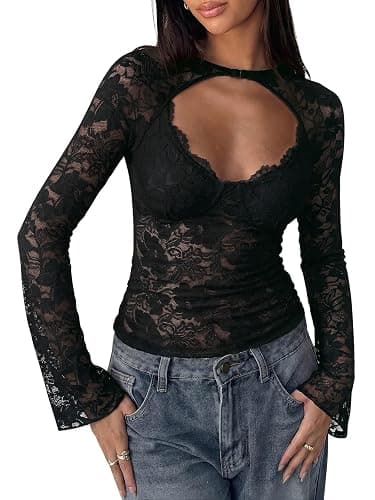 PINKMSTYLE Womens Lace Long Sleeve Shirts Sexy Mesh Y2K Going Out Tops | Cut-out Front Slim Fitted Blouses Sheer See Through Clothes,2026 Fall Fashion,Date Night,Party,Club,Concert,Concert Outfits thumbnail 2