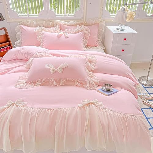 SOUKECHY Chic Lace Bedding,Girls Twin Aesthetic Comforter Cover Set,Romantic French Princess Style Ruffled Duvet Cover with Lovely Bow with Zipper Closure-Pink,Twin Size thumbnail 7