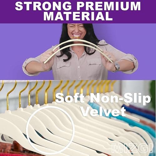 MIZGI Premium Velvet Hangers Pack 100 Pcs Heavyduty - Non Slip Slimline - Velvet Suit Hangers Ivory - Gold Hooks,Space Saving Clothes Hangers … thumbnail 3