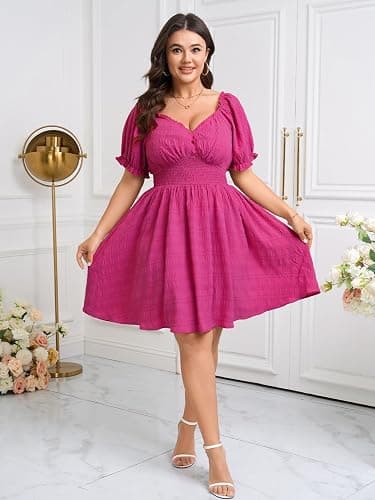 SCOMCHIC Womens Plus Size Summer Dresses Casual Sun Dress Sweetheart V Neck Puff Short Sleeve Smocked A Line Mini Dress thumbnail 3