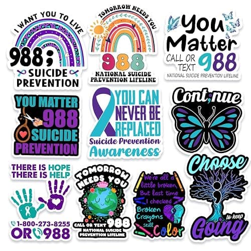 HOSALA (10Pcs-3in) 988 Suicide Prevention Sticker Pack, Teal & Purple Ribbon Suicide Awareness Sticker, Mental Health Motivational Gift, Positive Affirmations Decor for Laptop Tablet Helmet Vehicle - Image 1
