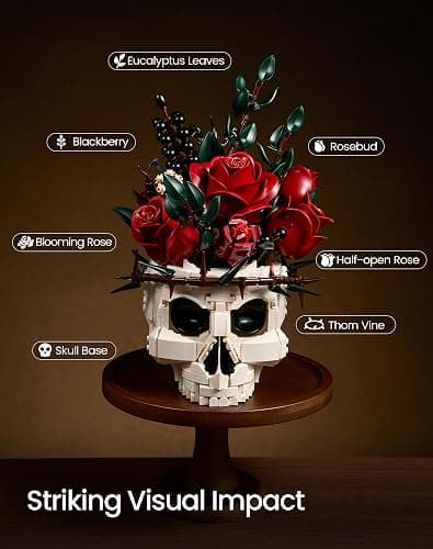 Gothic Skull Rose Flower Bouquet Building Set – Horror Skeleton Botanical Brick Kit for Adults, Gothic Decor with Red Roses, Dark Aesthetic Skull Planter Display, Unique Gift for Women & Goth Lovers thumbnail 4