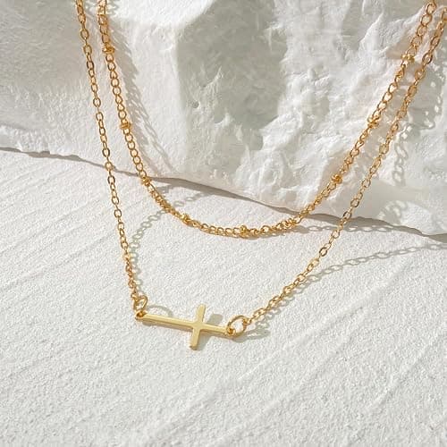 Modernplus Gold Layered Necklaces for Women, Dainty Layering Chain Necklace Stackable Pendant Choker Necklaces Trendy Jewelry Gifts - 2 Layer-cross thumbnail 2