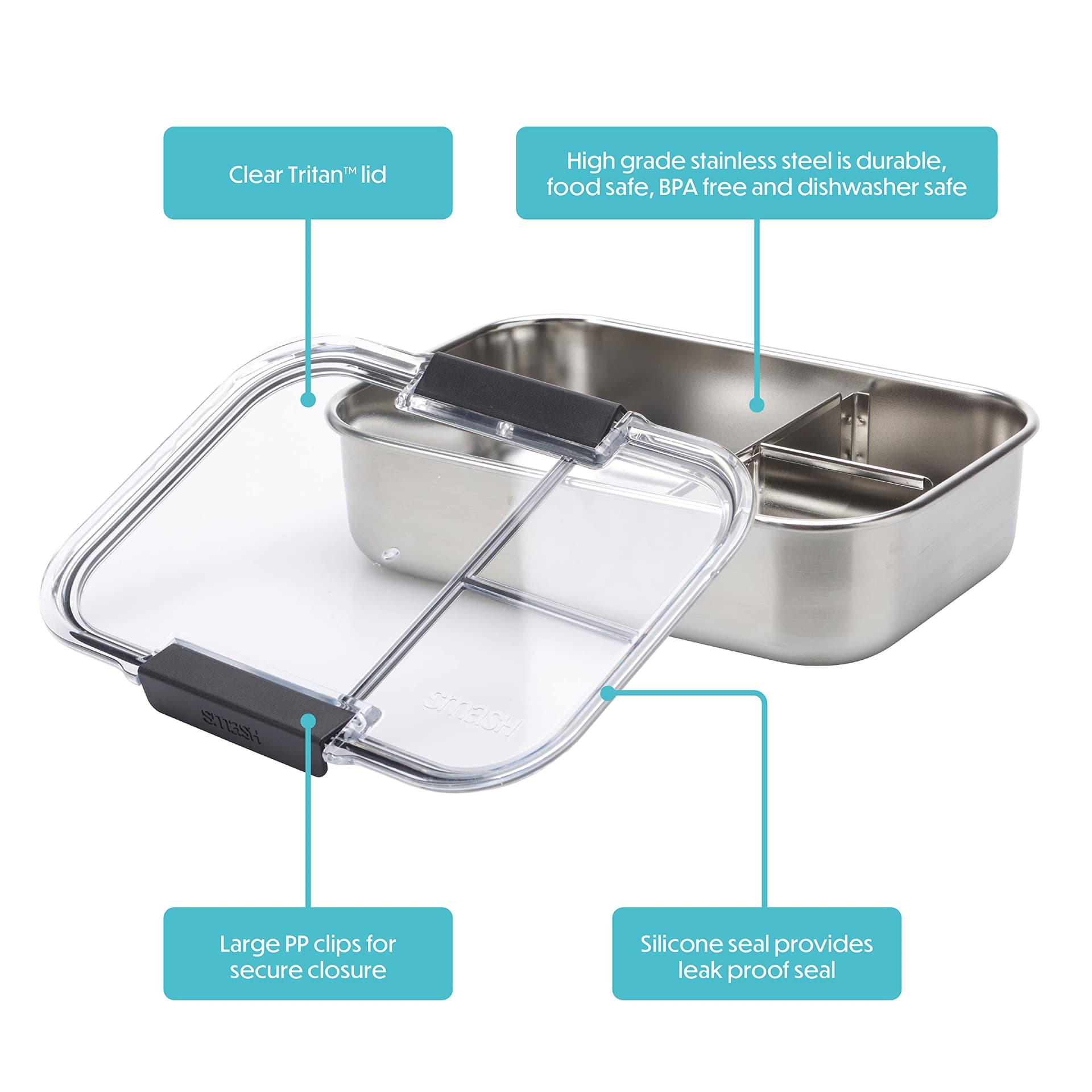 Smash Microwave Safe Stainless Steel Bento Lunch Box, 3 Compartments, Black, 1300ml thumbnail 7