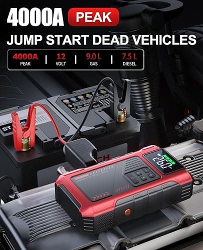 4000A Car Jump Starter with Air Compressor, Portable Battery Charger Jumpstart 12V Vehicle, Power Pack with 150PSI Tire Inflator for 9.0L Gas/7.5L Diesel Engines Jump Box with Light and Jumper Cable thumbnail 2