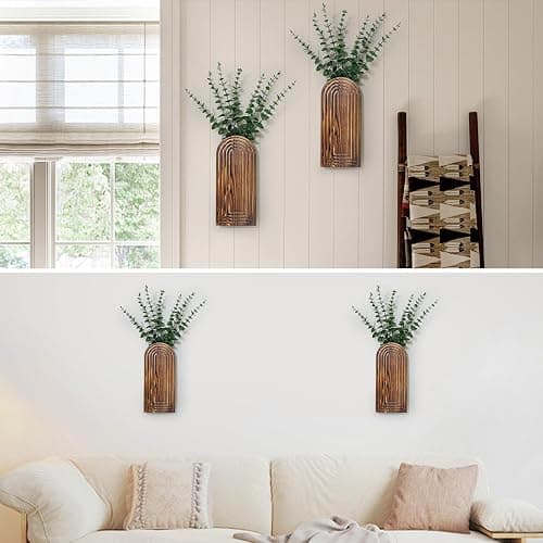 Wooden Wall Planter Vase Set of 2, Boho Hanging Planter for Indoor Plants & Flowers, Natural Wood Wall-Mounted Planters for Art Home Decor - Living Room, Bedroom, Bathroom, Patio (Brown) thumbnail 3