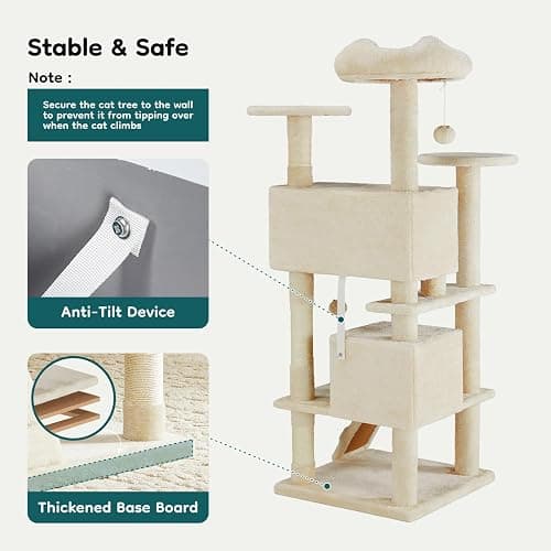 DUMOS 54-inch Indoor Cat Tree Tower –Multi-Level Pet House for Large Cats with 2 Condos, Scratching Posts, Round Platform, Small Ladder, and Toys, Beige thumbnail 7