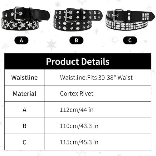 WQYILEAER Black Studded Belt, 3 Pcs Y2K Belt Star Goth EMO Punk Rock Double Grommet with Bright Pyramid Studded for Women Men thumbnail 2