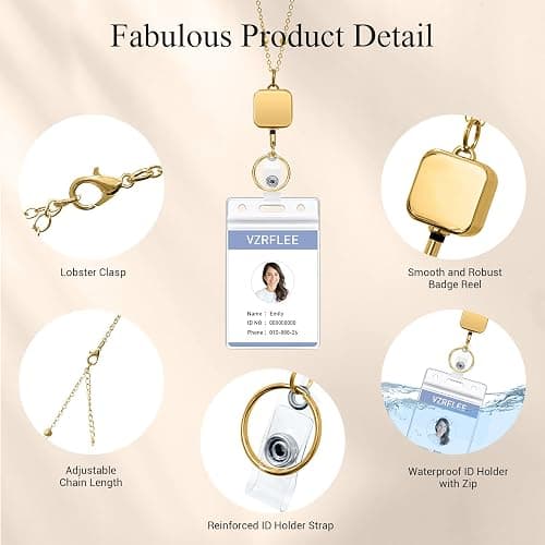 Vzrflee Retractable Badge Reel Lanyards with ID Holders, Lanyards for ID Badges New Beaded Chain Premium Stainless Steel Lanyard Necklace for Keys Office Cruise for Women thumbnail 3
